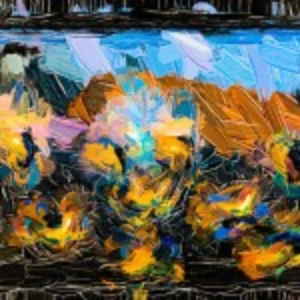 Abstract painting featuring vibrant flowers and birds in a harmonious blend of colors and shapes.