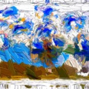 Abstract depiction of blue and white clouds over a river, blending colors to convey a sense of tranquility and reflection.