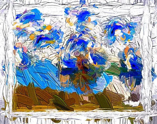 Abstract painting of blue flowers in a vase, with vibrant brush strokes against a textured background of brown and blue hues.