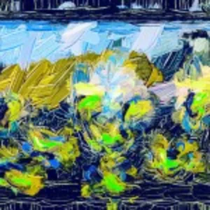 A painting featuring a vibrant blue and yellow flower against a soft background.