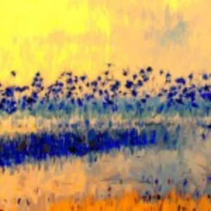 A vibrant painting depicting a field filled with blue and yellow flowers under a clear sky.