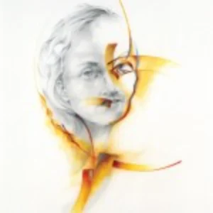 A painting featuring a woman's face adorned with vibrant red and blue paint splatters, creating an abstract effect.