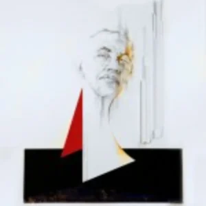 A painting featuring a close-up of a woman's face with expressive features and vibrant colors.