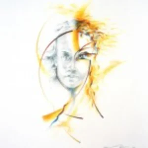 A sketch of a woman with yellow hair, showcasing her friendly expression and relaxed attire.