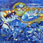 A painting depicting a clear blue sky above a man swimming in calm water.