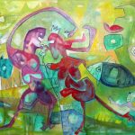 A painting depicting two individuals engaged in a struggle while submerged in water.