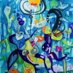 An artwork showing two figures fighting amidst turbulent water, capturing a moment of conflict.