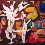 A painting illustrating a confrontation between two people in a dynamic water setting.