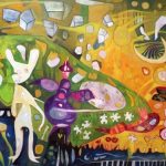 2. An artwork showing a vibrant blue sky with a man immersed in tranquil water.