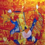 An artwork showing a woman and a man seated in a cozy room, engaged in conversation amidst tasteful decor.