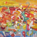 A painting of a woman and a man in a stylish room, sharing a moment together, with soft lighting enhancing the scene.