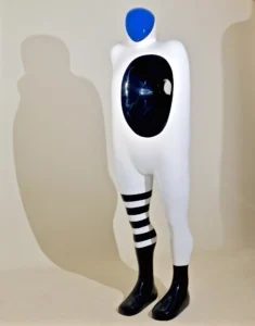 A white and blue figure featuring distinct black stripes, showcasing a unique and colorful design.