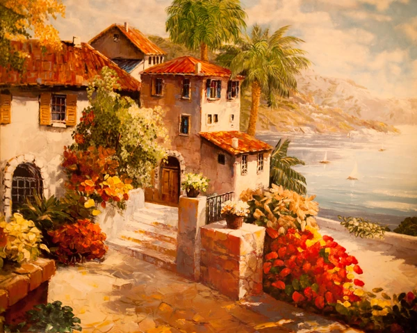 A vibrant painting of a coastal village with colorful flowers, charming houses, and palm trees by the sea, under a sunny sky.